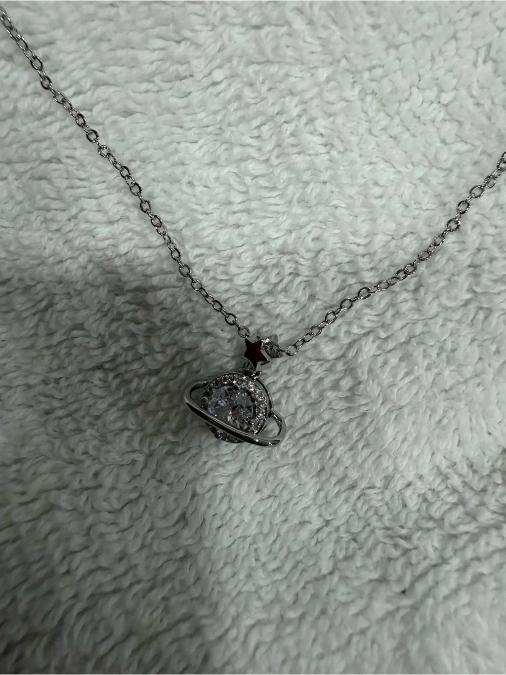 925 Sterling Silver Saturn Planet Pendant Necklace Zircon